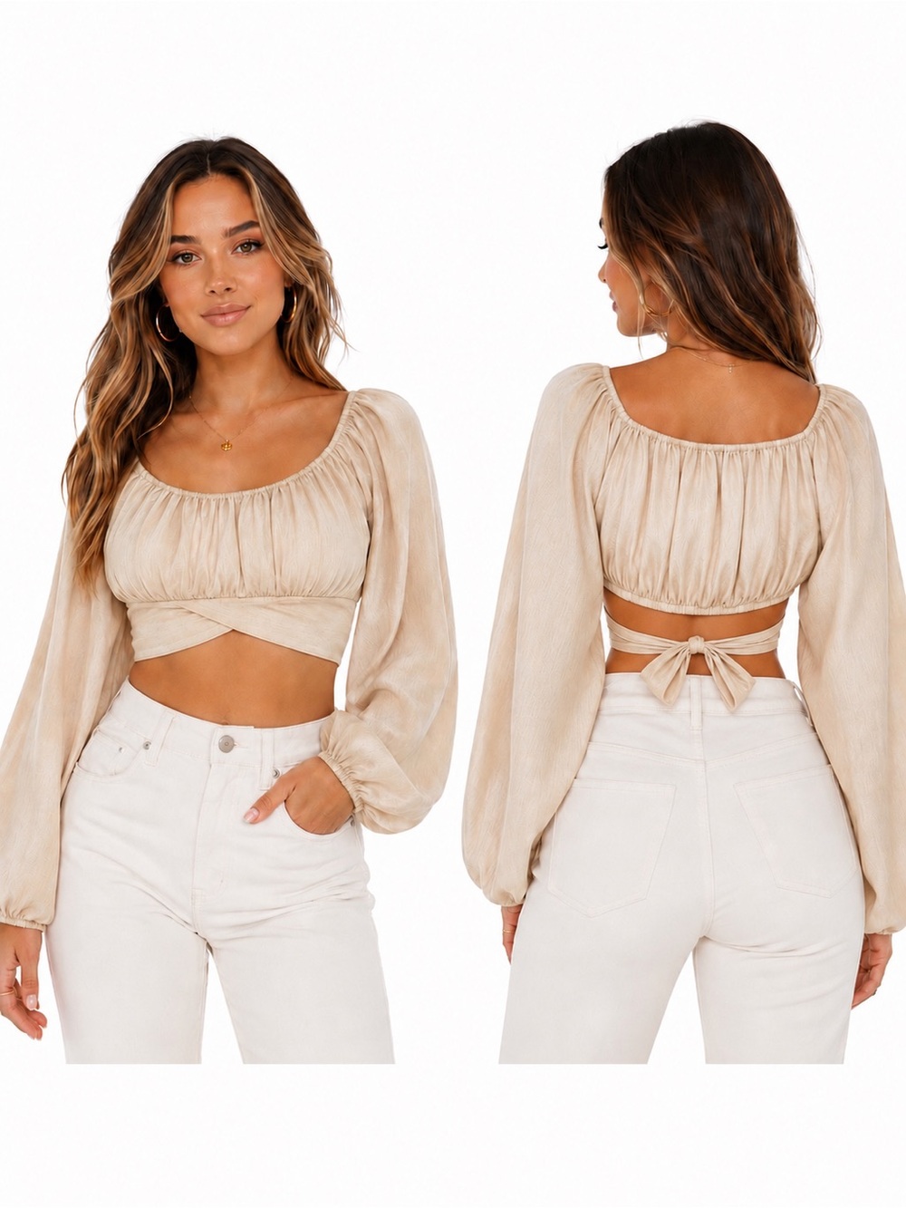 Windsor Cream Tie Back Crop Top Balloon Sleeve Blouse XL EUC Cottagecore